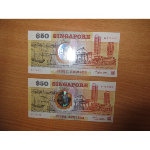 44 - Bangladesh and Malaysia Silver Coins and Banknotes, 2 Singapore $50 Dollar Notes