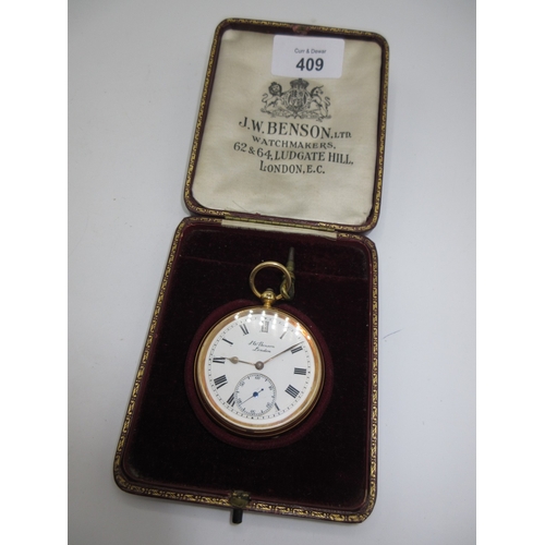 409 - J.W. Benson London 18ct Gold Open Face Pocket Watch, The Ludgate Patent No. 4658, 120g total, 4.7cm ... 