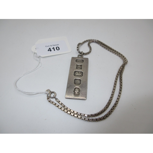 410 - Silver Ingot Pendant with Silver Chain, 42.86g