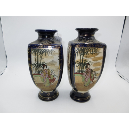 456 - Pair of Japanese Satsuma Pottery Square Form Vases, 21cm