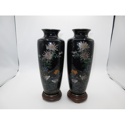 457 - Pair of Cloisonne Enamel Vases Decorated with Flowers and Herons, 25cm, with Wooden Stands