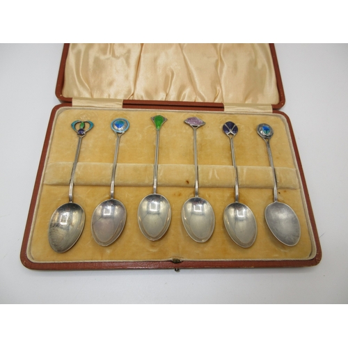 Set of 6 Art Nouveau Silver and Enamel Teaspoons with Vari Coloured Enamel Finials by J. Fenton, Birmomgham 1909, in fitted case