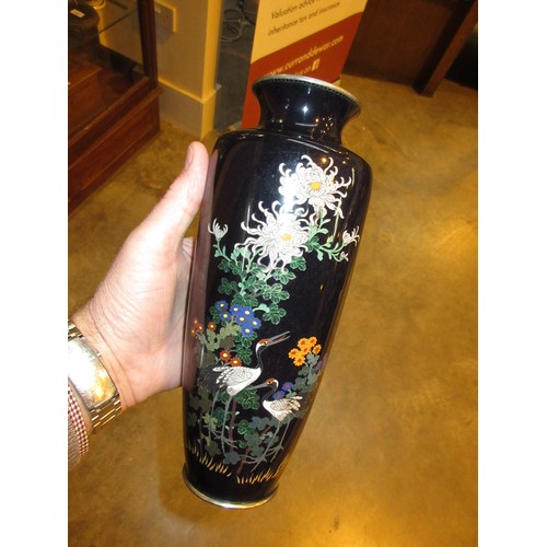457 - Pair of Cloisonne Enamel Vases Decorated with Flowers and Herons, 25cm, with Wooden Stands