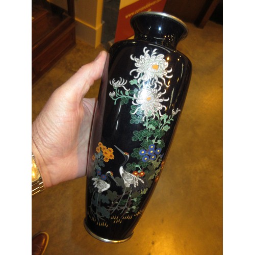 457 - Pair of Cloisonne Enamel Vases Decorated with Flowers and Herons, 25cm, with Wooden Stands