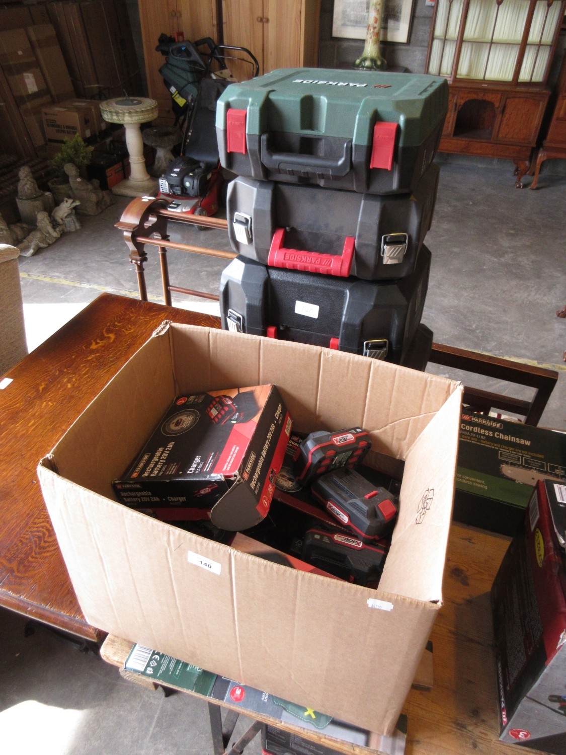 Five Parkside Power Tools and Box of Batteries etc