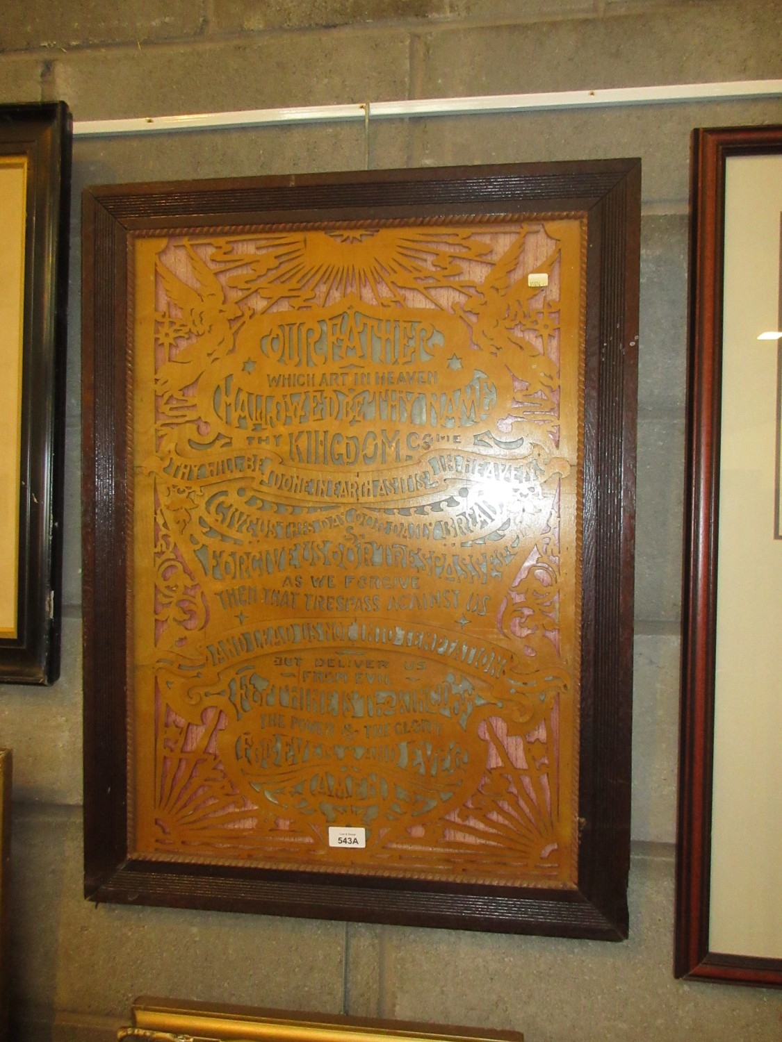 Vintage Framed Fretwork Carved Lords Prayer, frame 77x57cm