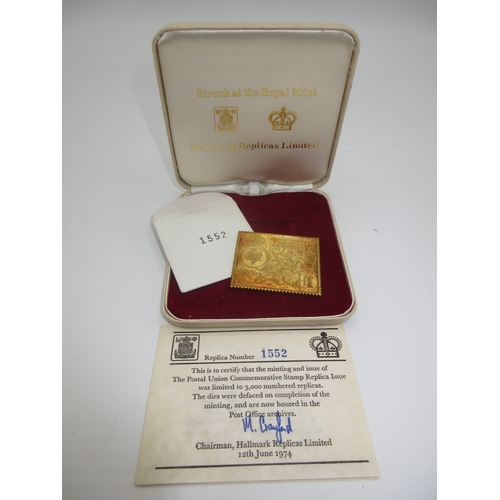 501 - Hallmark Replicas 22ct Gold The Postal Union Commemorative 1929 Stamp Replica Issue No. 1552 of 3000...