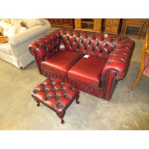 Chesterfield Deep Buttoned Burgundy Leather 2 Seat Settee with Stool