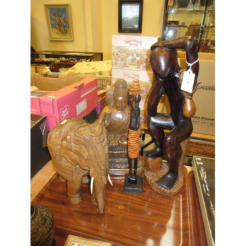 1 - Indian Carved Wood Deity and Elephant and 2 African Carved Figures