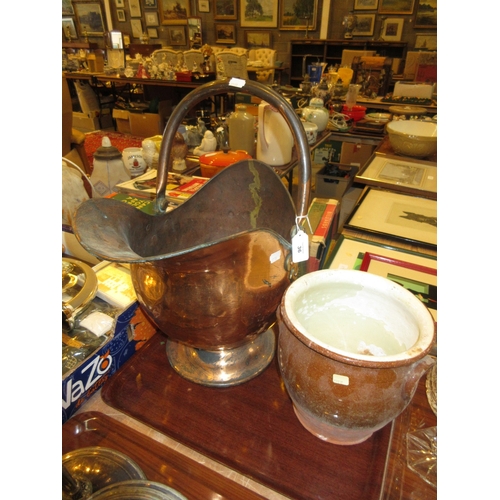 36 - Copper Coal Helmet and Stoneware Pot