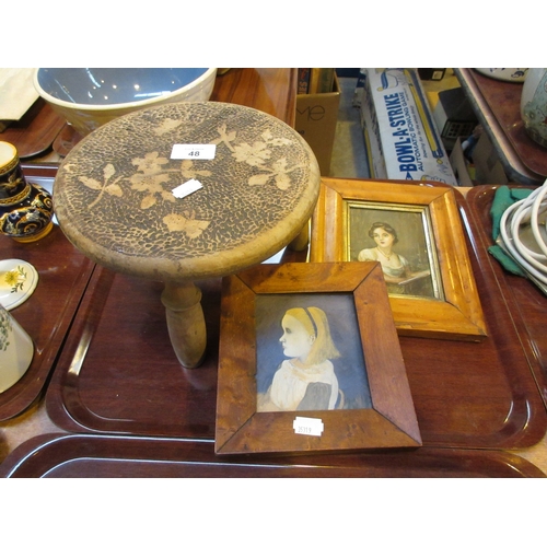 48 - Two Portrait Paintings and a Carved Stool