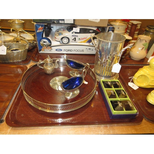 6 - Silver Plated Siphon Stand, Tray, Salts, Napkin Rings and Miniature Teapot