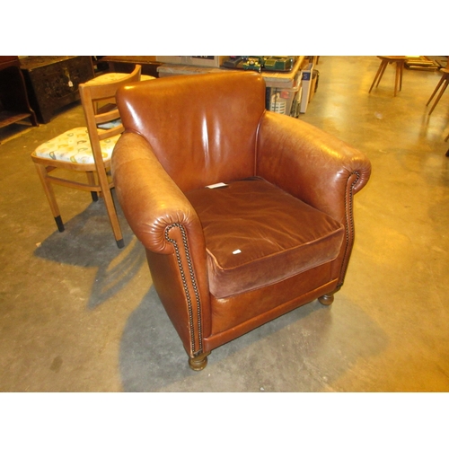 633 - Distressed Style Tan Leather and Velvet Seat Lounge Chair