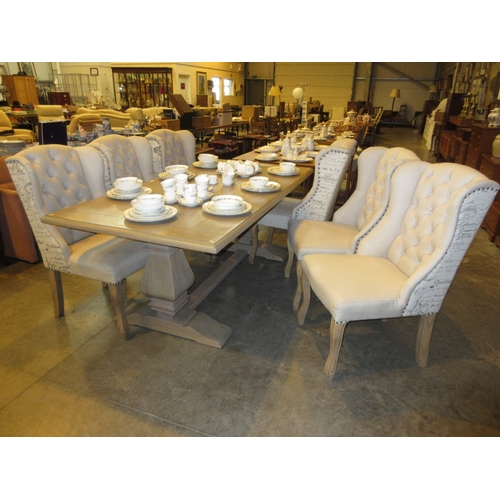 662 - Willis & Gambier Oak Dining Table with 6 Deep Buttoned High Back Chairs, table 198x99cm