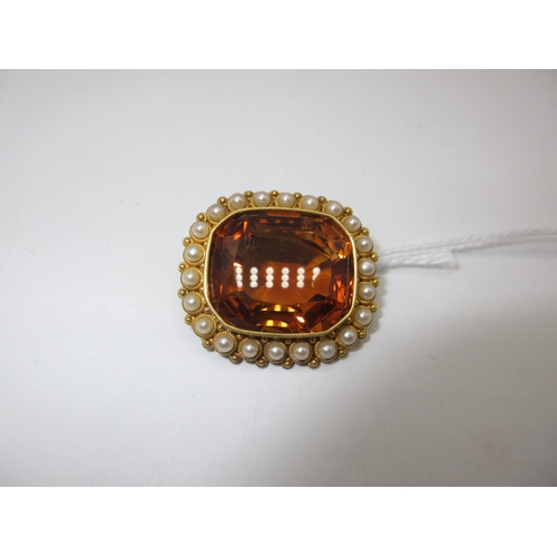 380 - Late Victorian Oblong Faceted Cirtrine Brooch with Seed Pearl Border and Unmarked Gold Mount with Be...