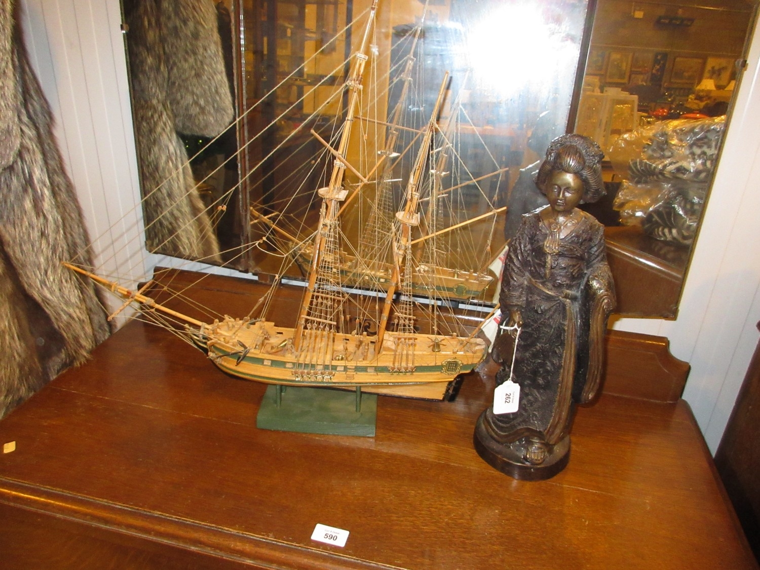 Patinated Bronze Figure of a Geisha, 41cm, and a Model of a Galleon