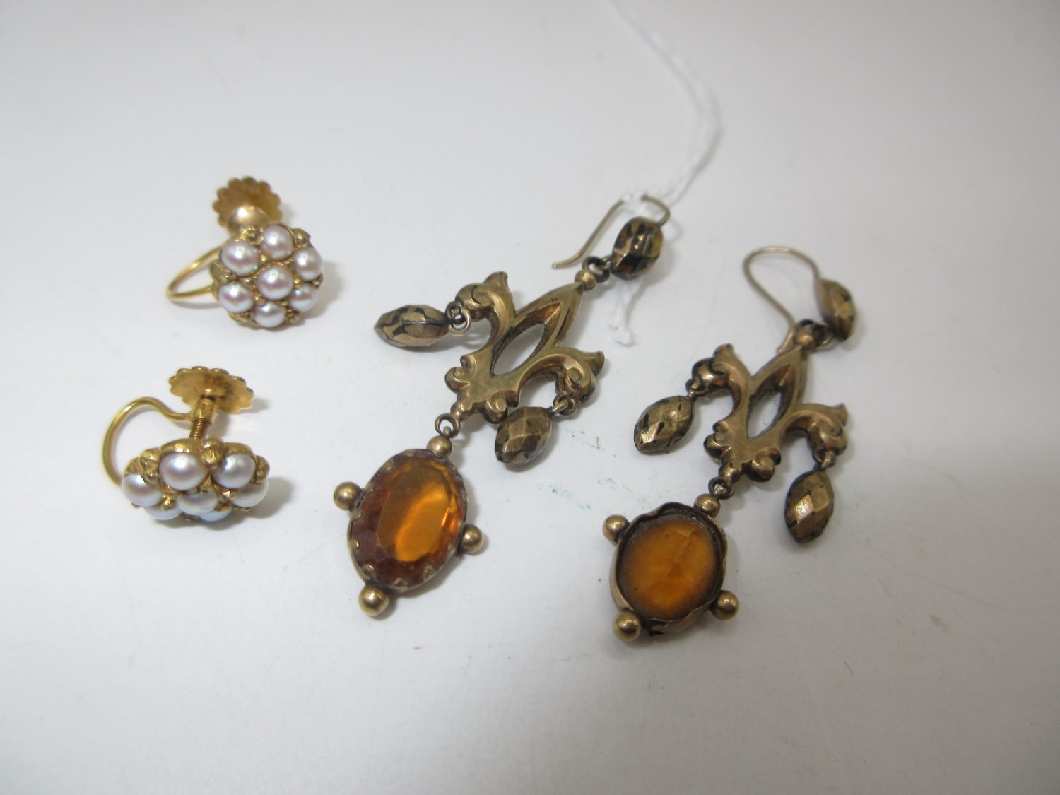 Pair of 9ct Gold and Pearl Ear Clips and a Pair of Victorian Ear Drops