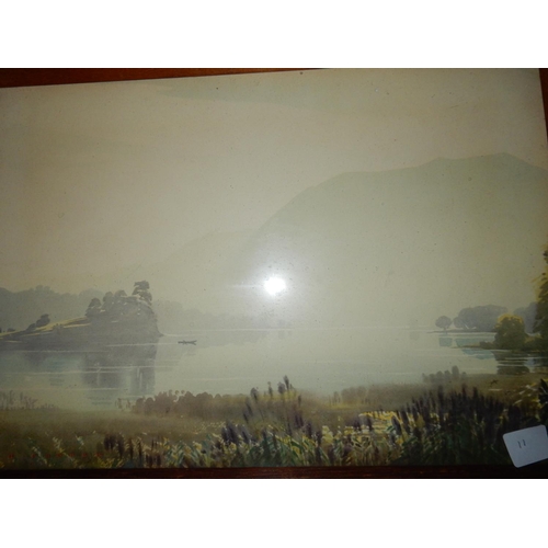 11 - A signed oil on canvas - River scene with buildings, gilt framed - 10 1/4in. x 13in., a coloured pri... 