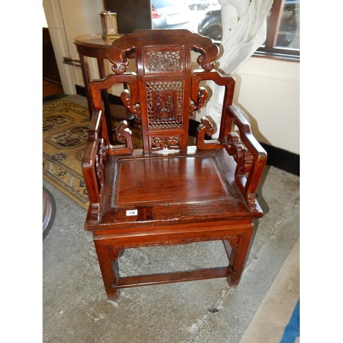 118 - A Chinese hardwood chair with pierced and flower carved centre splat, hard seat, on square legs