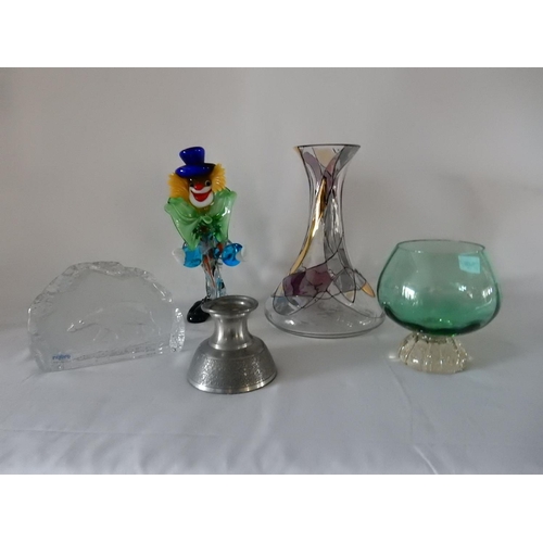 155 - An Italian model of a clown, a decanter and two matching vases, a paperweight with incised decoratio... 