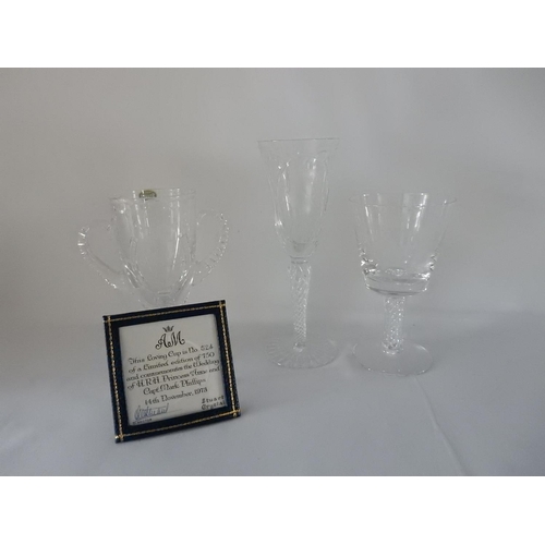 158 - Four Stuart Crystal commemorative goblets, boxed and a Webb Corbett ditto