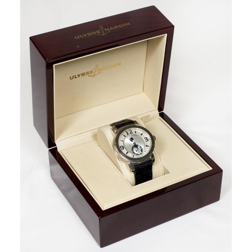 211 - A gentleman's Ulysse Nardin Macho Palladium wristwatch, on a black leather strap, complete with box