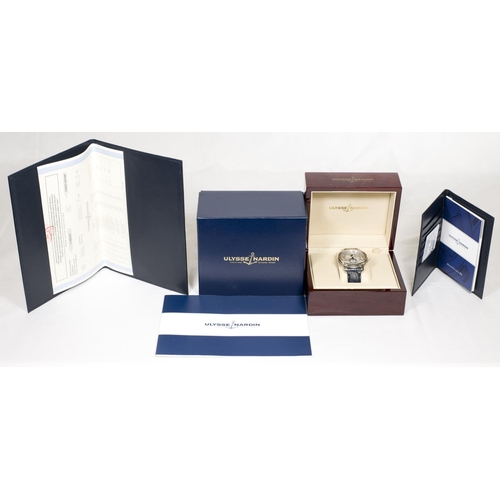 211 - A gentleman's Ulysse Nardin Macho Palladium wristwatch, on a black leather strap, complete with box