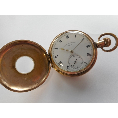 222 - A gentleman's British Watch Company pocket watch with white enamel dial, seconds dial, in a gold pla... 