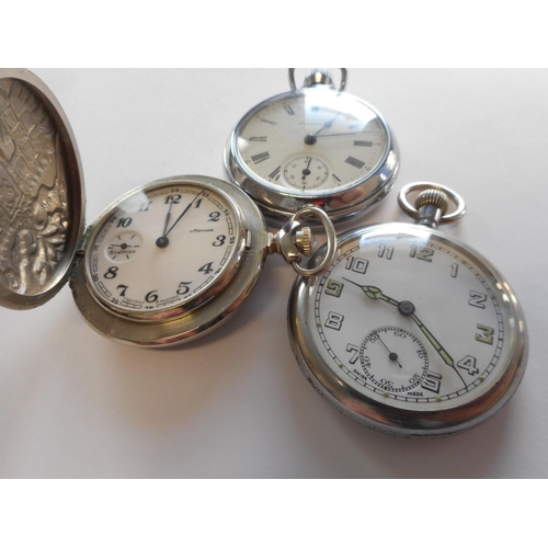 226 - A gentleman's military issue pocket watch with white enamel dial, seconds dial, in a chrome case, a ... 