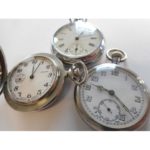 226 - A gentleman's military issue pocket watch with white enamel dial, seconds dial, in a chrome case, a ... 