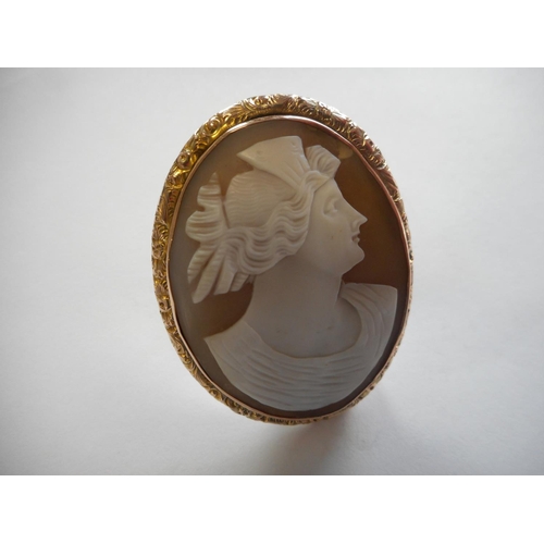 235 - A carved shell cameo brooch depicting head and shoulders of a lady, in a 9ct. gold floral decorated ... 