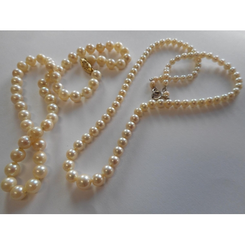 239 - A row of graduated cultured pearls with 14kt gold clasp and one other row with silver clasp