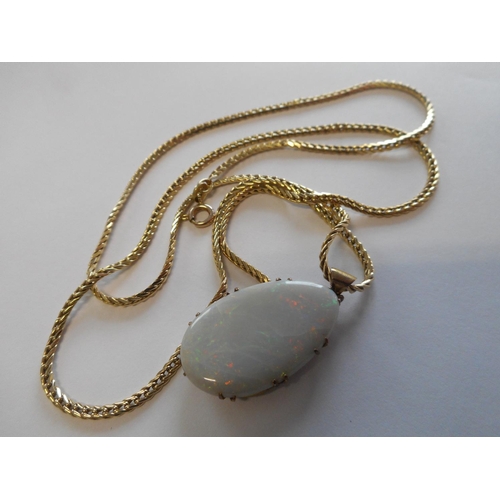 255 - A lady's opal pendant in a gold coloured metal frame on a 14kt. gold chain