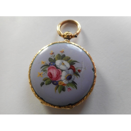 258 - A gold coloured metal double sided locket with enamel floral panel and snow covered mountain to the ... 