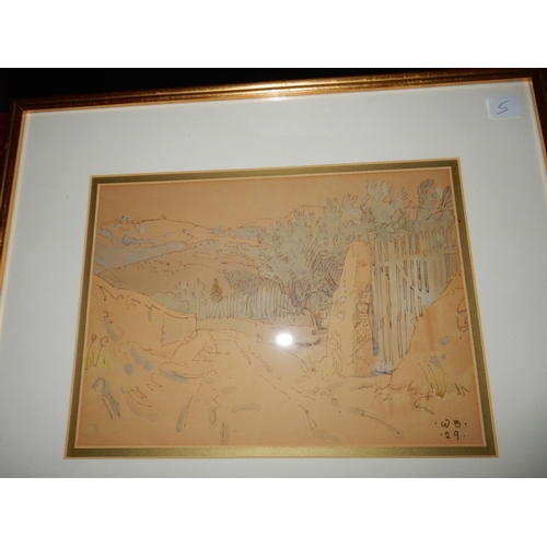 5 - Walter Bayes.  Three pen, watercolour and crayon paintings - Dusty Road Provence, framed and glazed ... 