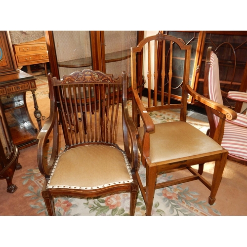 86 - An Edwardian mahogany and inlaid chair with shaped curved back, curved splats, shaped arms, on squar... 