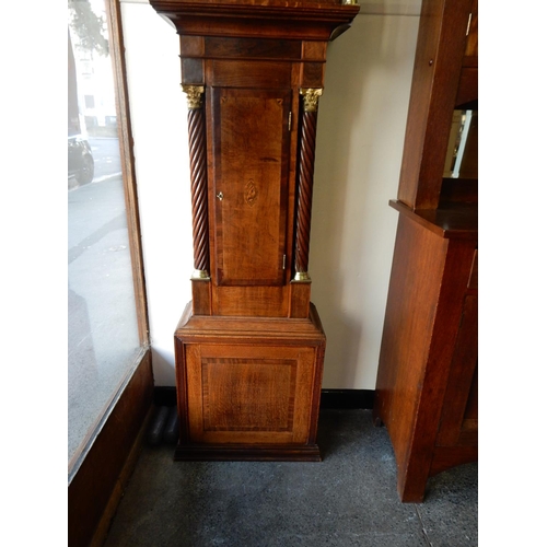 98 - A 19th Century longcase clock, cream enamel dial, moonphase to the arch and figures to the spandrels... 