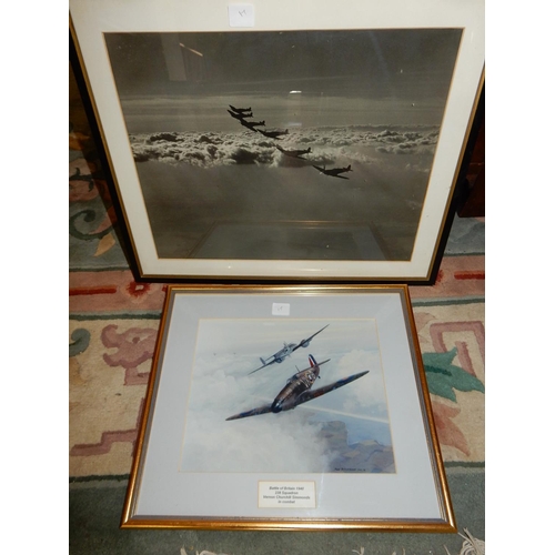 17 - A signed oil on canvas - Spitfires in flight, framed - 22in. x 29in., a coloured print entitle Fight... 