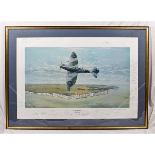 17 - A signed oil on canvas - Spitfires in flight, framed - 22in. x 29in., a coloured print entitle Fight... 