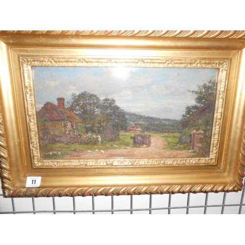 11 - J. Charles.  A signed Victorian oils on canvas - Country lane with a cottage and horse and cart in t... 