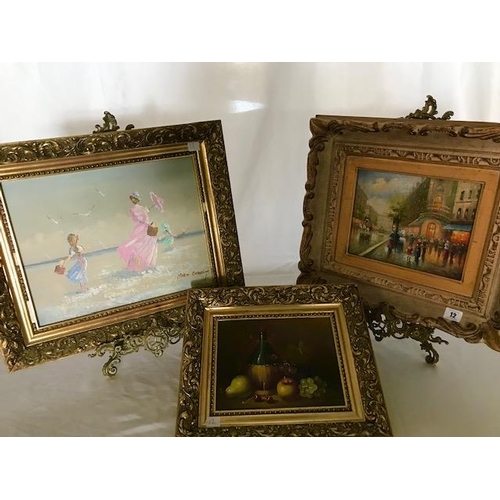 12 - A pair of oils on panel - Paris street scenes, gilt framed, a beach scene by Marie Charlot and a sti... 