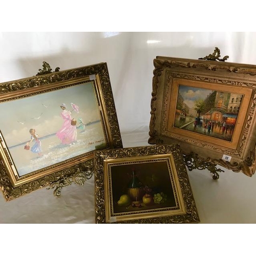 12 - A pair of oils on panel - Paris street scenes, gilt framed, a beach scene by Marie Charlot and a sti... 