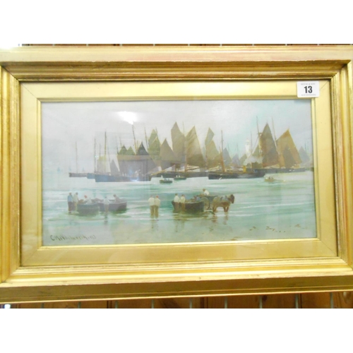 13 - C.H Whitworth 93.  A signed and dated Victorian oil on canvas - Fishing smacks and trawlers in Newly... 