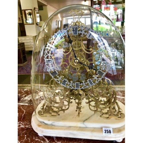 250 - A Victorian brass skeleton clock on an oval marble base, under a glass dome - 17in. high and 16in. w... 