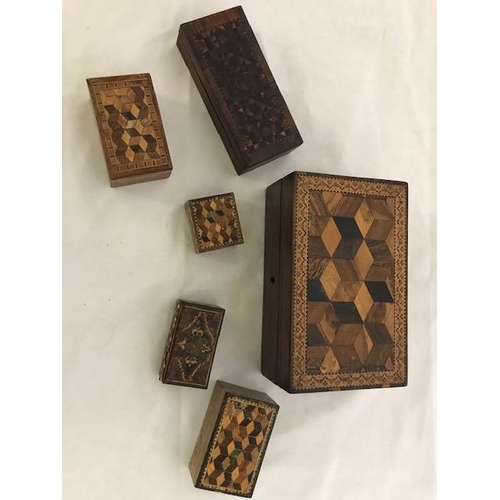 258 - A 19th Century Tunbridge Ware box with parquetry lid - 6in. wide and five other smaller dittos