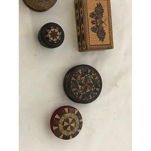 259 - 19th Century Tunbridge Ware comprising:- a box decorated a butterfly, a pin cushion, cotton holder, ... 