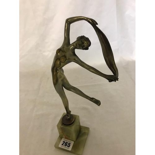 265 - An Art Deco silvered bronze figure of a nude female holding a scarf above her head, on onyx base, si... 