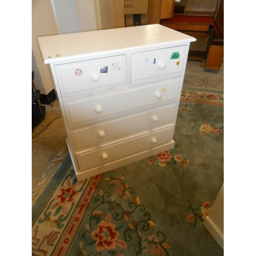 46 - A modern white sprayed straight front chest fitted two narrow and three wide drawers, turned knob ha... 