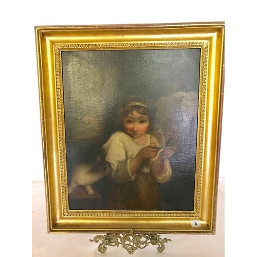 5 - Oils on canvas of a young girl with a mouse in a cage and a cat to her side, gilt framed - 21in. x 1... 