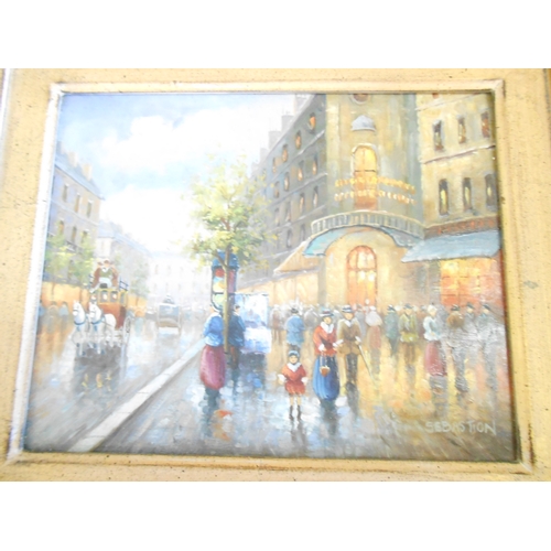 12 - A pair of oils on panel - Paris street scenes, gilt framed, a beach scene by Marie Charlot and a sti... 